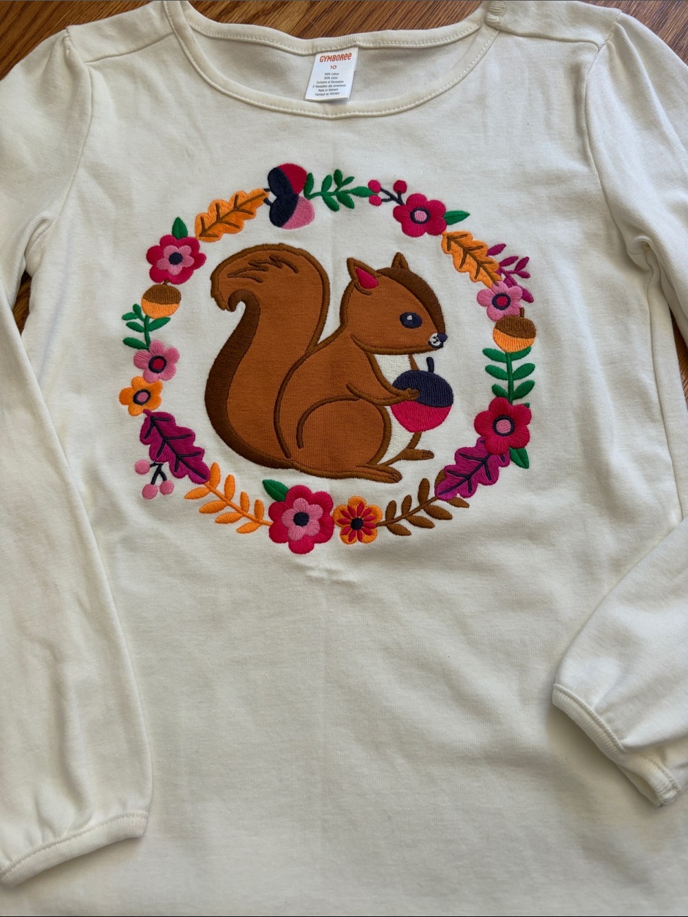 Gymboree Cream Long Sleeve Top with Brown Squirrel & Floral Applique